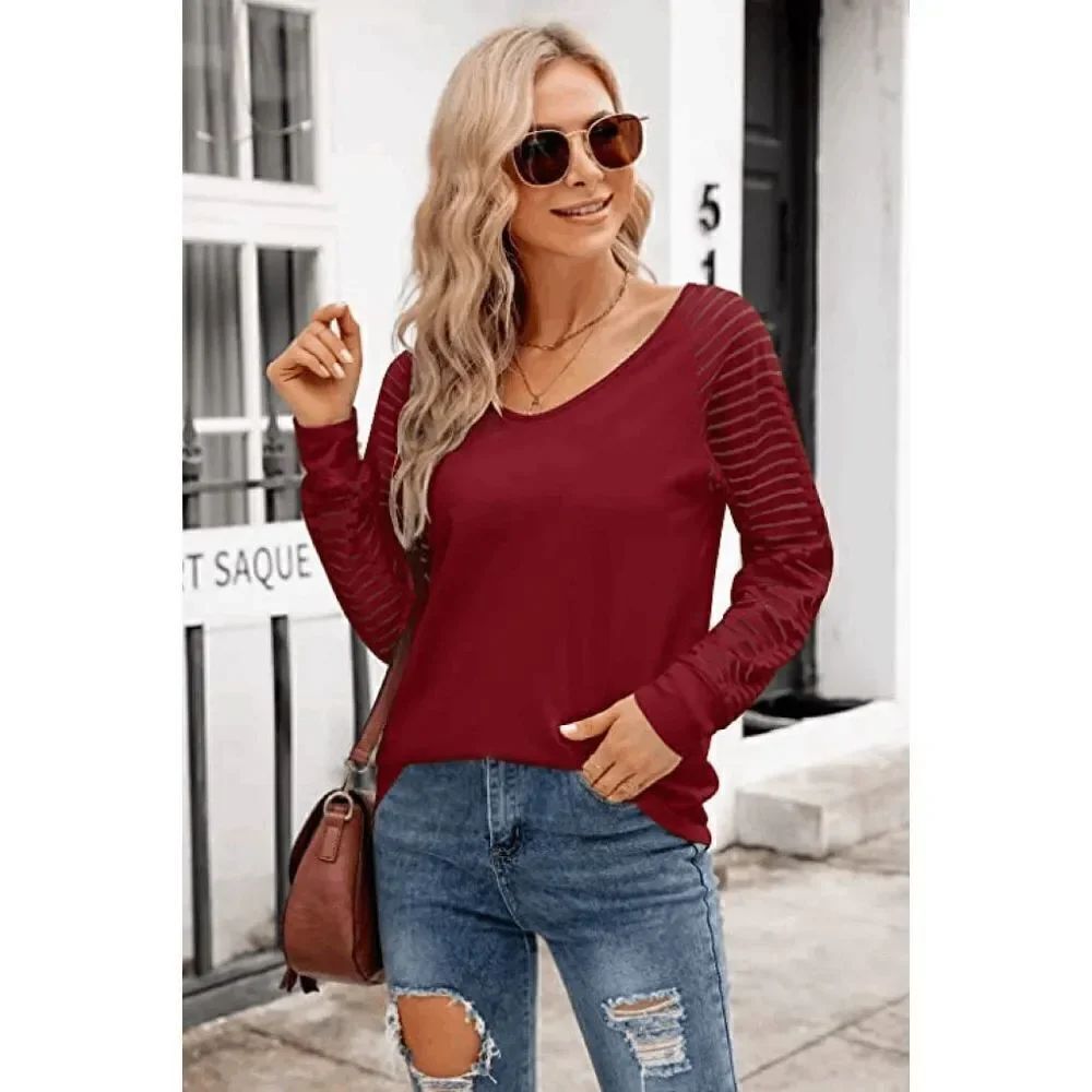 Women's V-neck Long Sleeve Blouse Red XXL